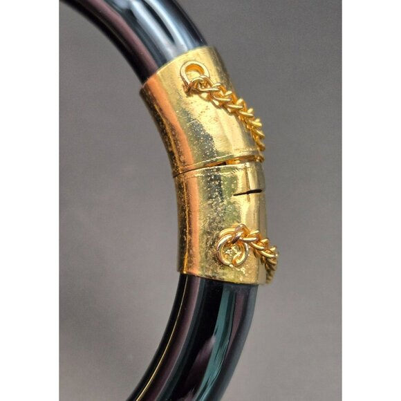 Vintage Black Glass and Goldtone Hinged Bangle Bracelet Chinese Export - Picture 9 of 9